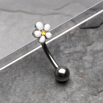 Detail View 1 of Adorable Plumeria Flower Curved Barbell Ring-White/Yellow